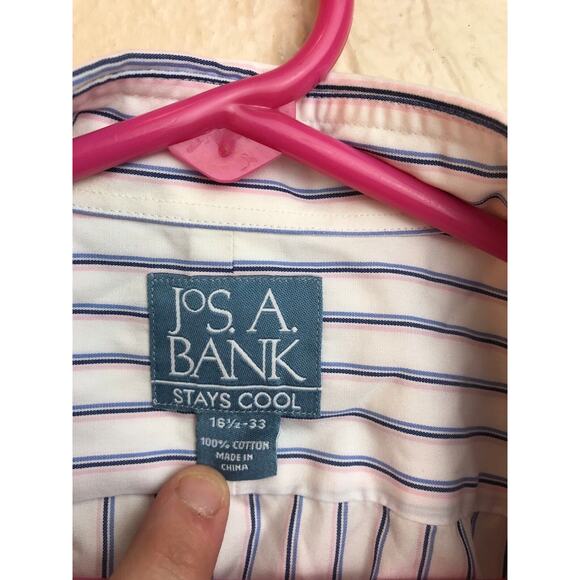 Jos A Bank Men's Shirt Size 16.5-33 White Blue Long Sleeves Striped Stays Cool - Picture 3 of 3